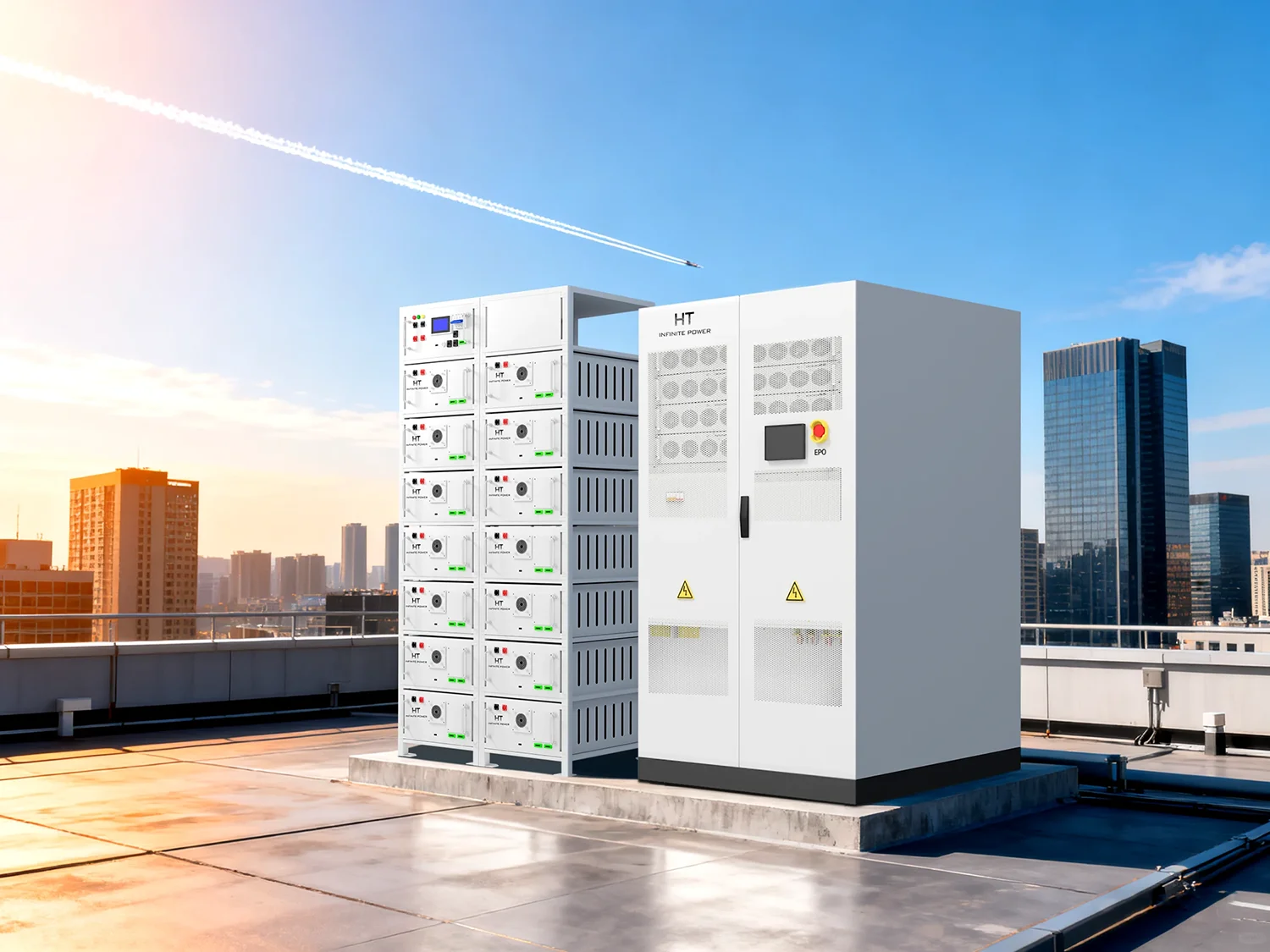 BESS system composed of a 100 kW/200 kWh PCS cabinet and high-voltage rack batteries